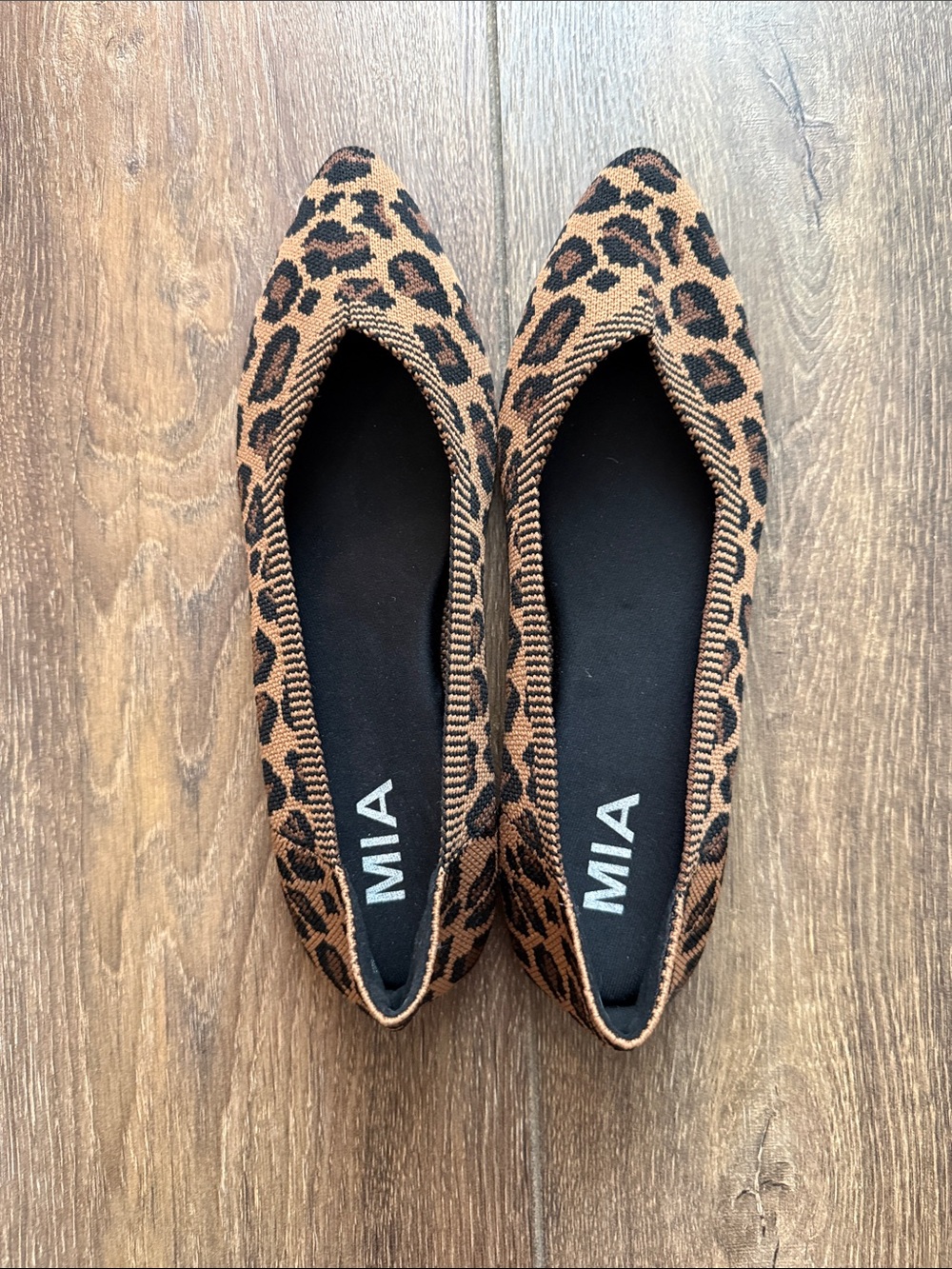 MIA Leopard-Pattern Pointed Ballet Knit Flats in Brown and Black